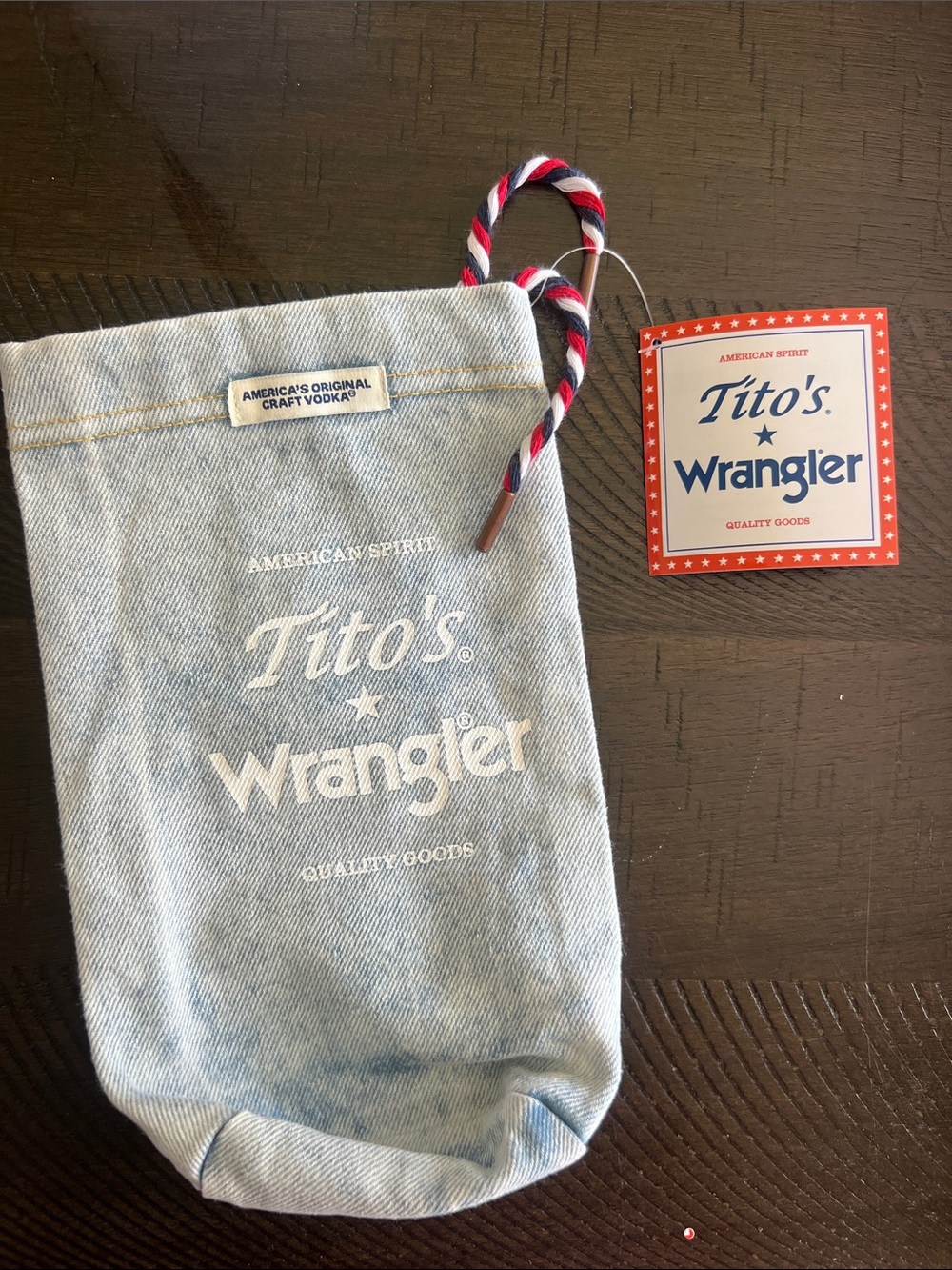 Tito’s x Wrangler denim bottle bag
